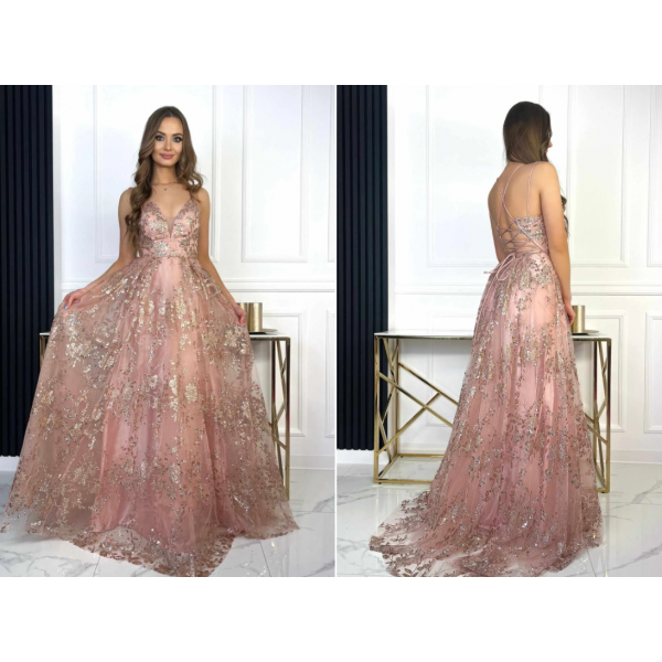 SVEČANA DOLGA PUDRASTO ROZA OBLEKA IZ TILA